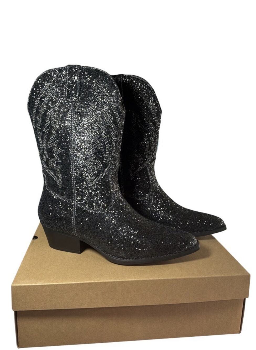 Portland Boot Company Size 9.5 Olympia Womens Black Glitter Boots Wide Calf Cowb